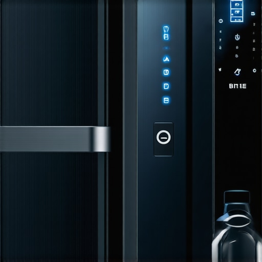 Advanced Home Lock System Close-up of a biometric smart lock and reinforced strike plate on a modern door