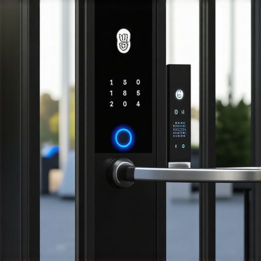 Biometric and electronic locks on a business door with AI security interface