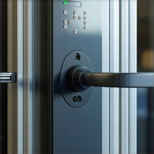 Close-up of a biometric electronic deadbolt lock on a commercial door