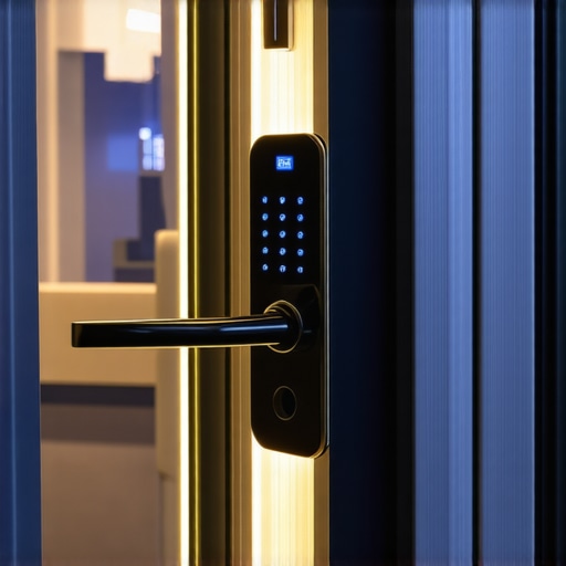 High-Tech Business Deadbolt Lock Close-up of a modern electronic deadbolt lock on a commercial door, emphasizing advanced security features.