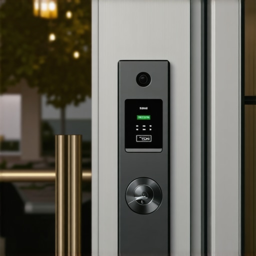Modern office entrance with biometric lock and surveillance camera