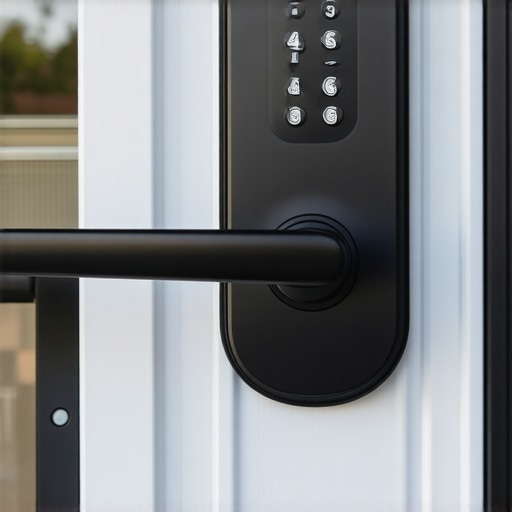 Close-up view of a high-tech electronic deadbolt lock on a business door, highlighting keypad and locking mechanism.
