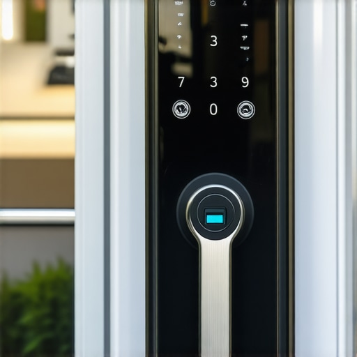 Close-up of electronic deadbolt lock with keypad and biometric scanner on a commercial door.