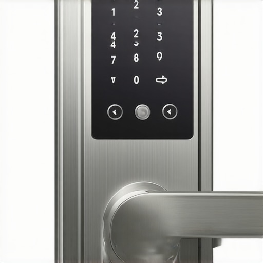 Close-up of a digital smart deadbolt lock installed on a business door