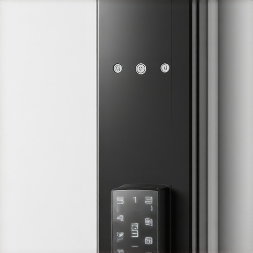 Close-up of a modern smart deadbolt lock with digital keypad on a commercial door.
