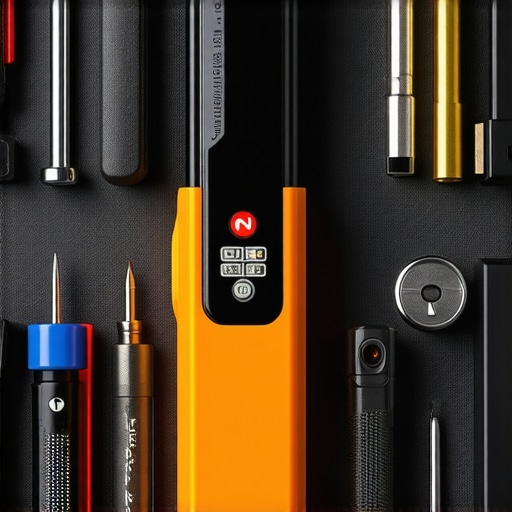 A set of locksmith tools including electronic lock tester, lubricant, screwdrivers, and a smart lock being used for maintenance.