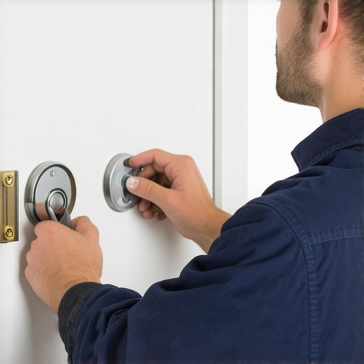 Professional locksmith installing a commercial deadbolt lock.