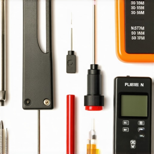 Locksmith tools including lock pick set, lubricant, and electronic lock tester on a workbench.