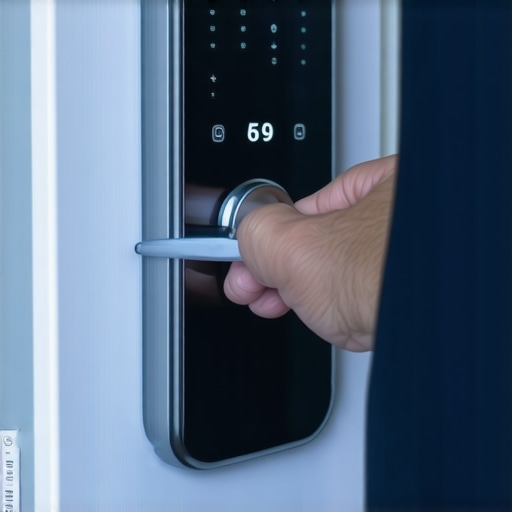 A locksmith inspecting an electronic deadbolt with a digital lock analyzer