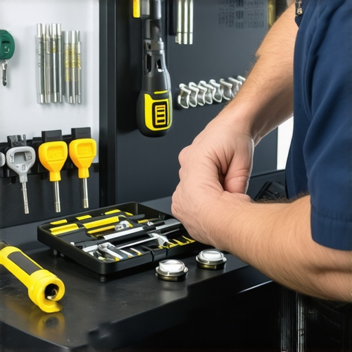 Close-up of locksmith tightening deadbolt with torque screwdriver and checking alignment with digital lock gauge.