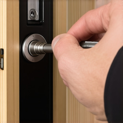 A locksmith using a digital torque wrench to adjust a deadbolt in a workshop environment.