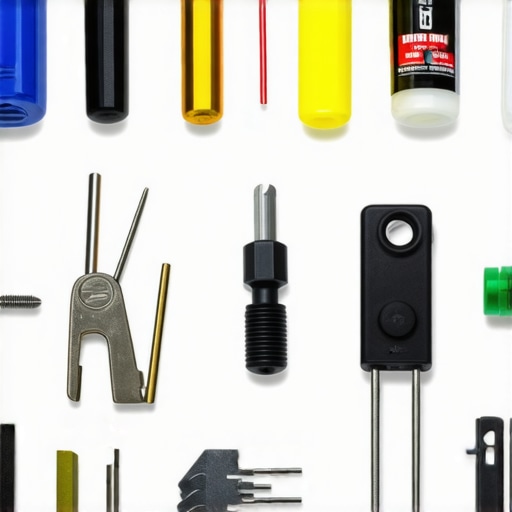 Close-up of a locksmith's professional toolkit featuring lockpicking tools, bypass devices, and lubricant for lock maintenance.