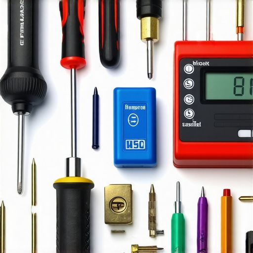 Tools like screwdrivers, lock analyzers, and electronic testers laid out on a workbench for lock maintenance.